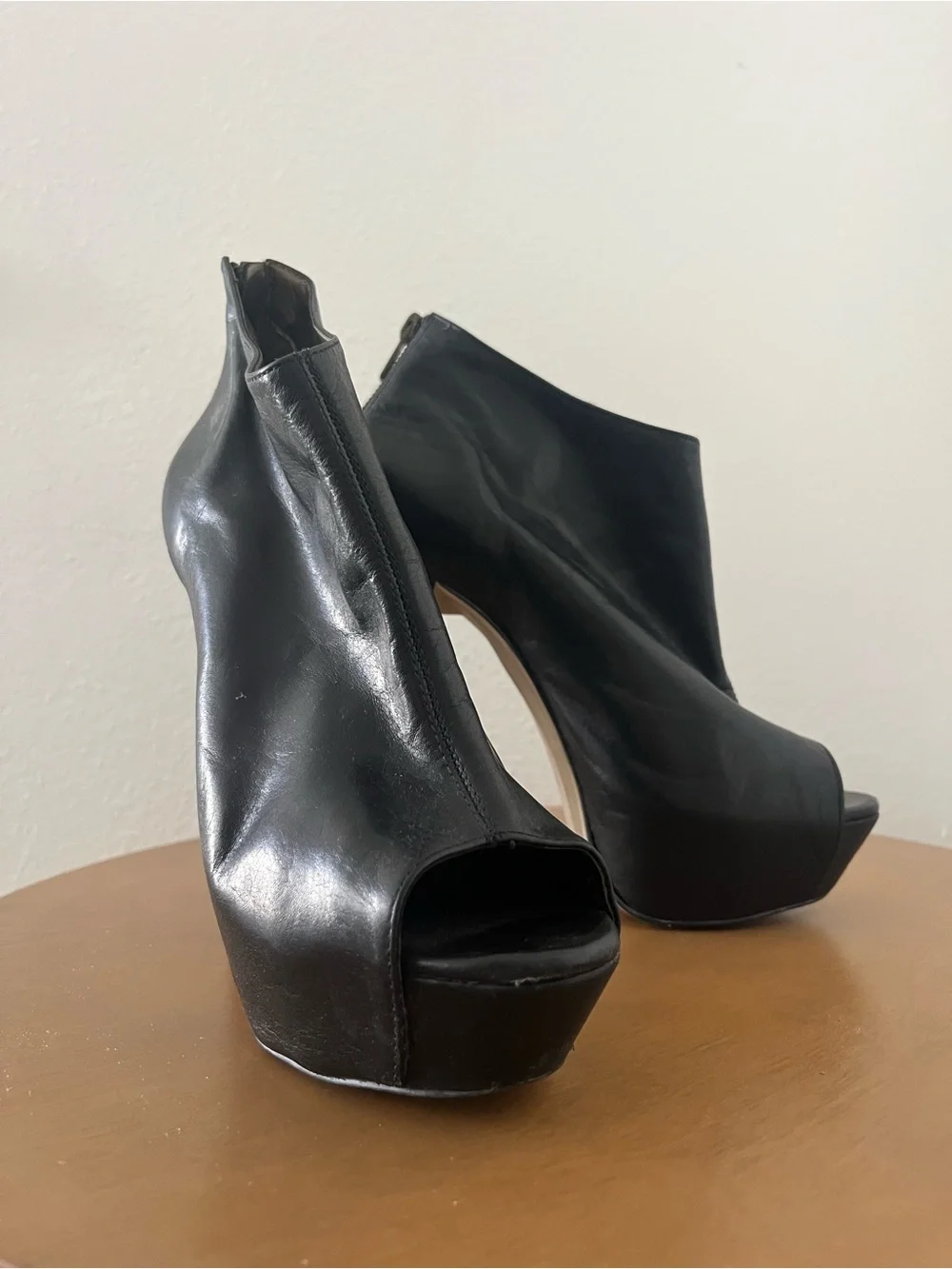 Steve Madden Black Leather Peep-Toe Platform Ankle Booties